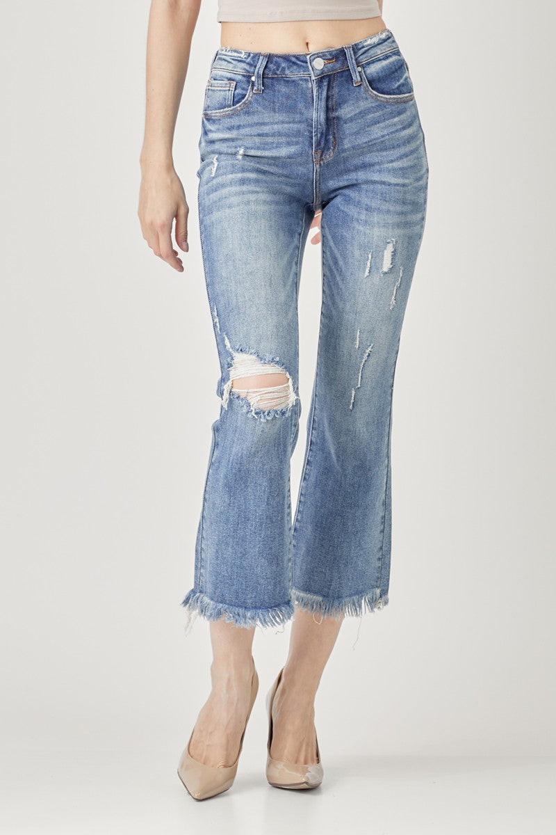 RISEN High Rise Distressed Crop Flare Jeans