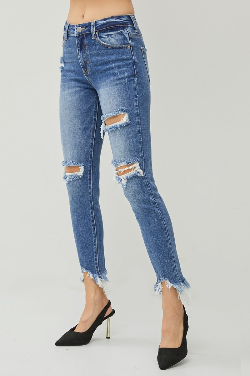RISEN High Rise Distressed Frayed Hem Skinny Jeans