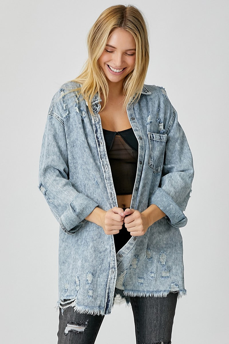 RISEN Acid Wash Distressed Raw Hem Denim Shirt