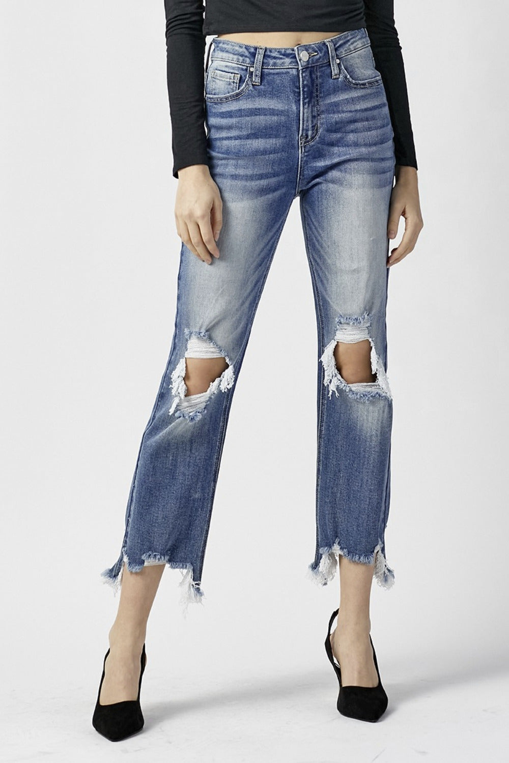 RISEN High Rise Distressed Frayed Hem Cropped Straight Jeans