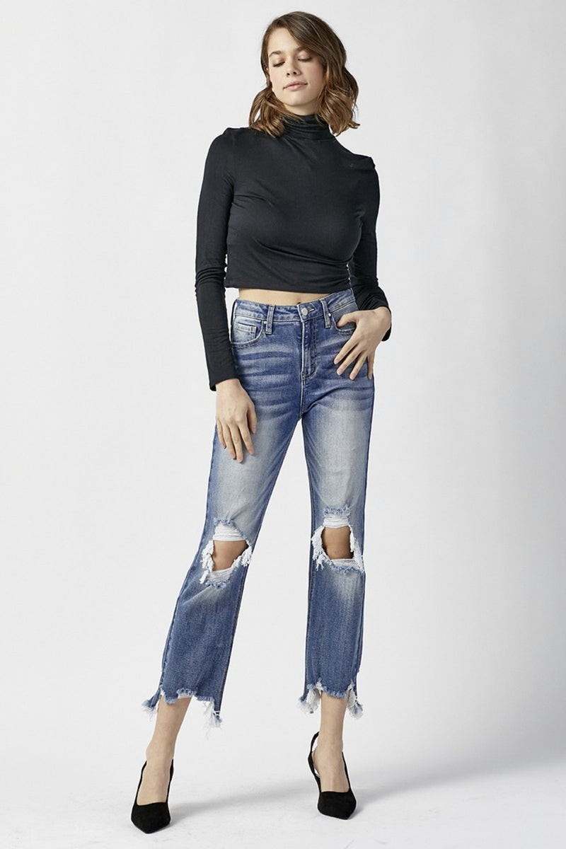 RISEN High Rise Distressed Frayed Hem Cropped Straight Jeans