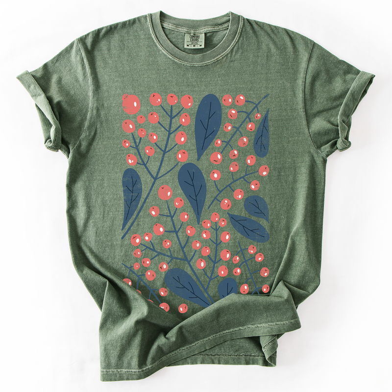 Red Berry and Leaf Botanical Comfort Colors Graphic T-Shirt