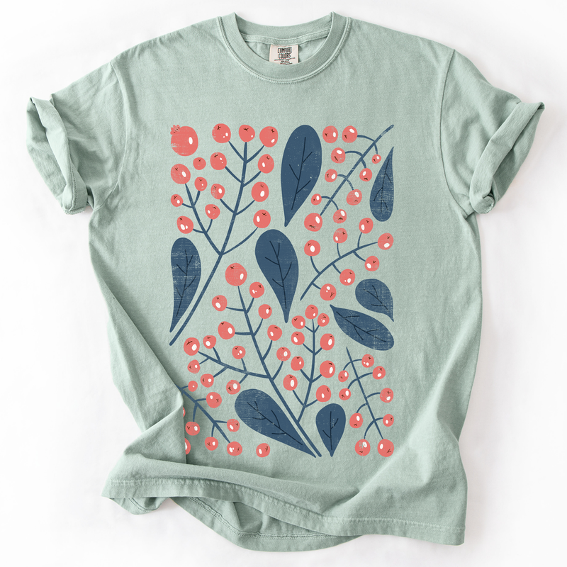 Red Berry and Leaf Botanical Comfort Colors Graphic T-Shirt