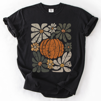 Retro Autumn Pumpkin and Flowers Comfort Colors Graphic T-Shirt Black