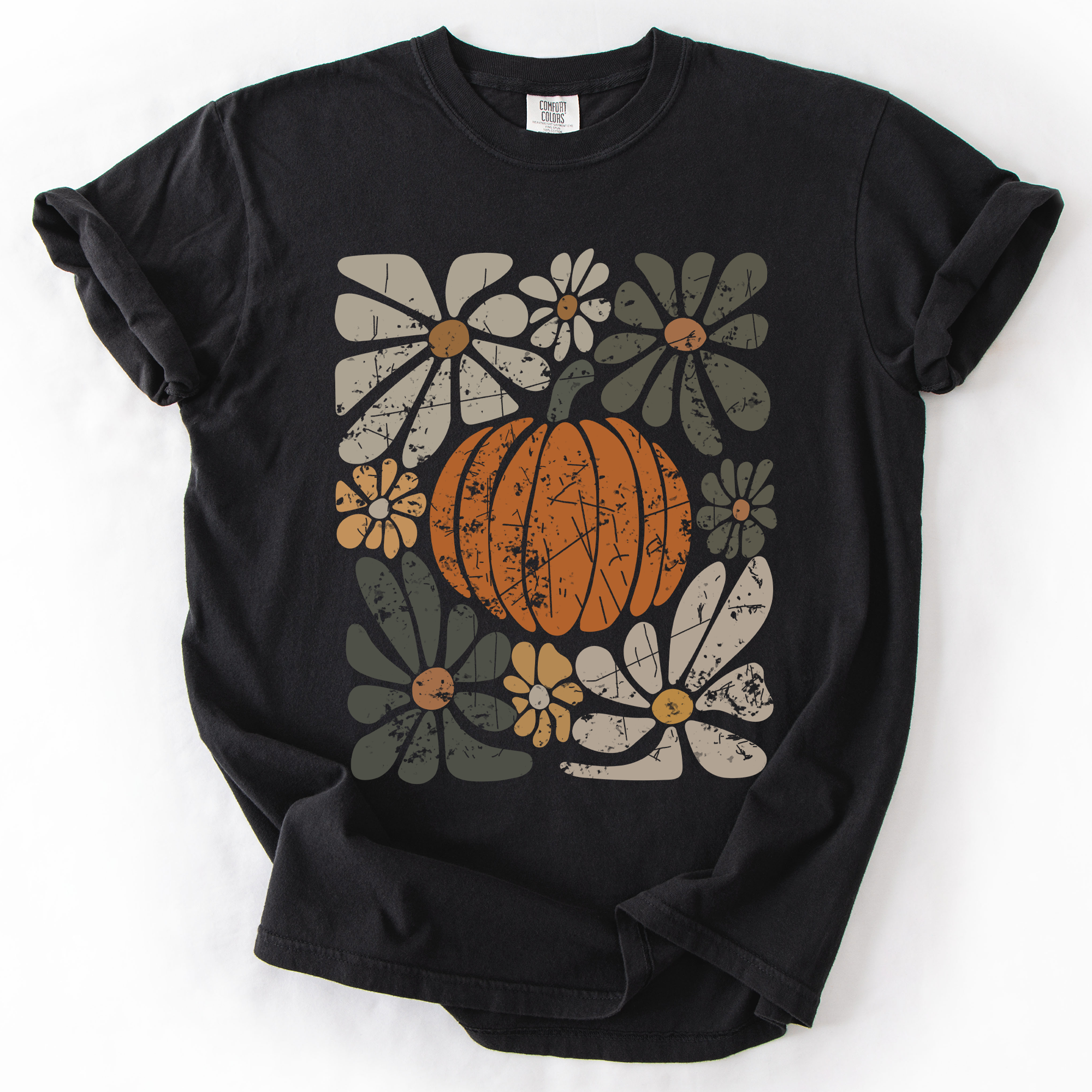 Retro Autumn Pumpkin and Flowers Comfort Colors Graphic T-Shirt Black