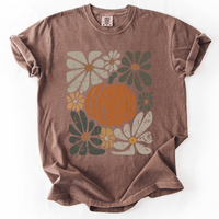 Retro Autumn Pumpkin and Flowers Comfort Colors Graphic T-Shirt Brown