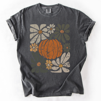 Retro Autumn Pumpkin and Flowers Comfort Colors Graphic T-Shirt Pepper Dark Gray