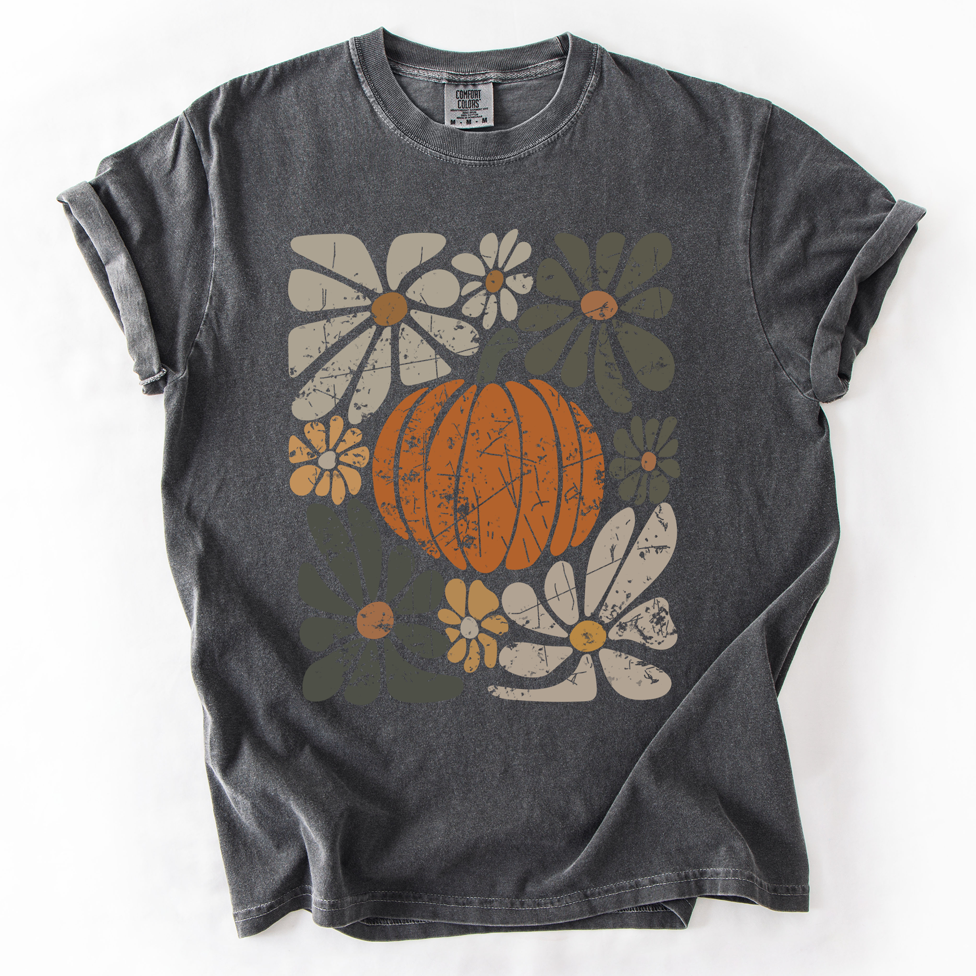 Retro Autumn Pumpkin and Flowers Comfort Colors Graphic T-Shirt Pepper Dark Gray