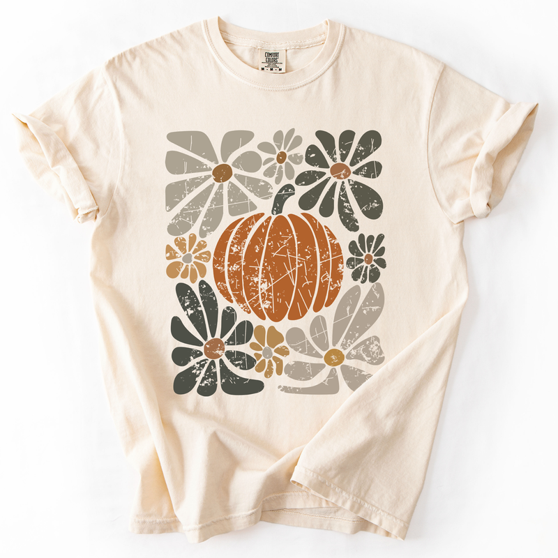 Retro Autumn Pumpkin and Flowers Comfort Colors Graphic T-Shirt Ivory