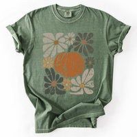 Retro Autumn Pumpkin and Flowers Comfort Colors Graphic T-Shirt Moss Green
