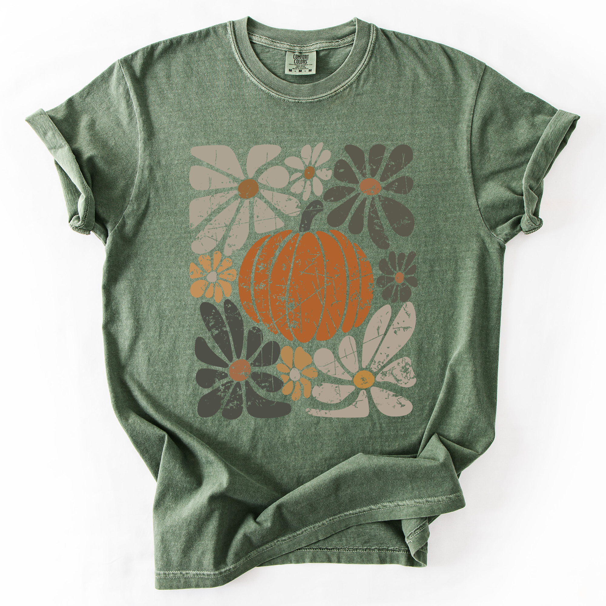 Retro Autumn Pumpkin and Flowers Comfort Colors Graphic T-Shirt Moss Green