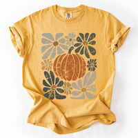 Retro Autumn Pumpkin and Flowers Comfort Colors Graphic T-Shirt Mustard
