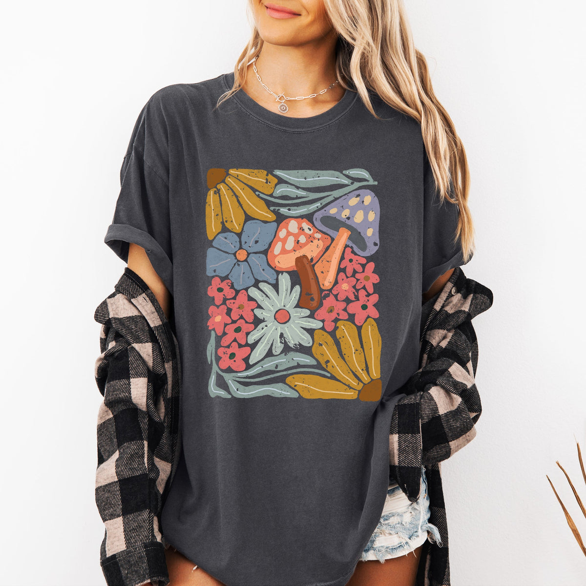 Retro Flowers & Mushrooms Comfort Colors Graphic T-Shirt