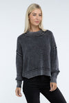 Ribbed Exposed Seam Round Neck Dropped Shoulder Sweater - Black