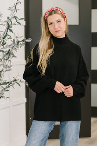 High Neck Pullover Knit Sweater in Black