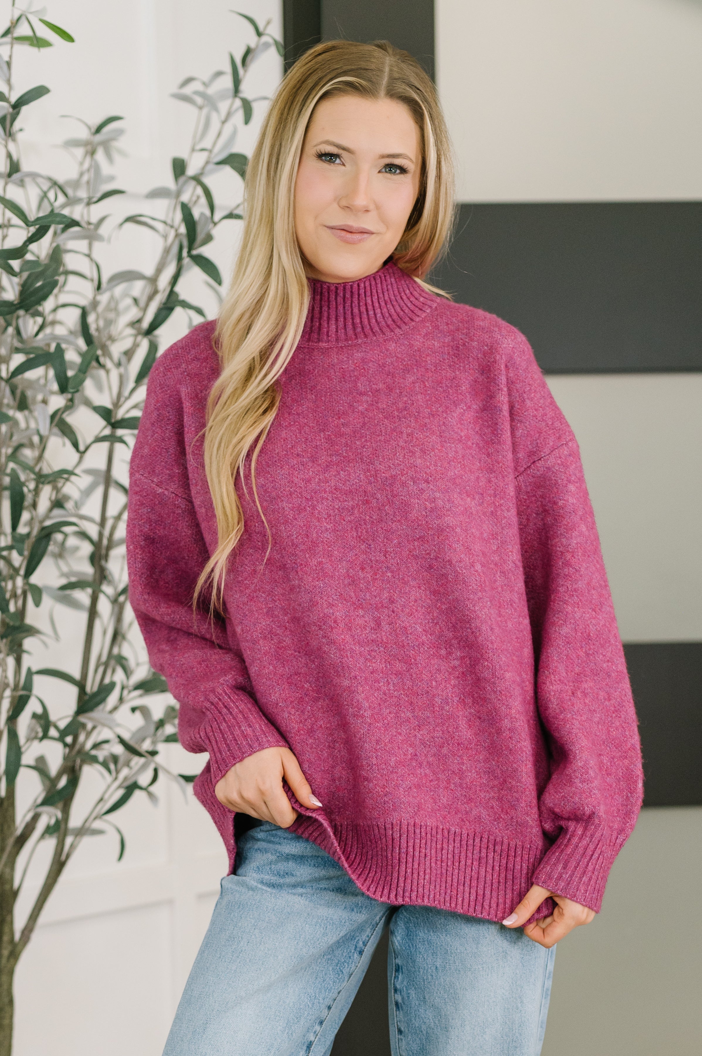 High Neck Pullover Knit Sweater in Light Plum