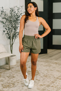 Zenana Soft Woven High Rise Lined Shorts in Dusty Olive