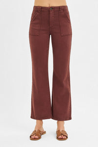 Risen High Rise Ankle Flare Patch Pocket Jeans in Choco Brown