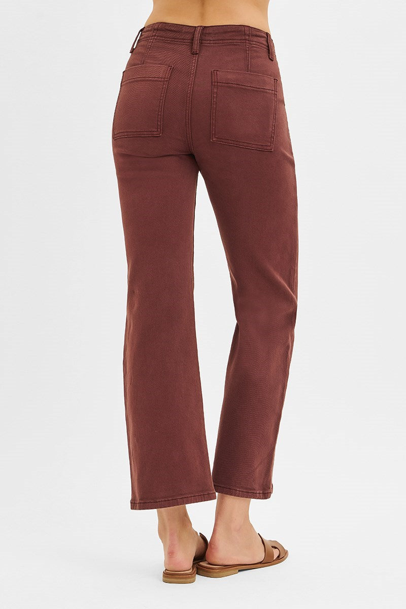 Risen High Rise Ankle Flare Patch Pocket Jeans in Choco Brown