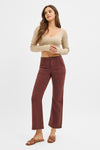 Risen High Rise Ankle Flare Patch Pocket Jeans in Choco Brown