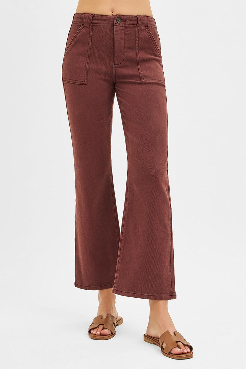Risen High Rise Ankle Flare Patch Pocket Jeans in Choco Brown