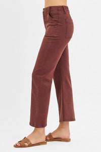 Risen High Rise Ankle Flare Patch Pocket Jeans in Choco Brown