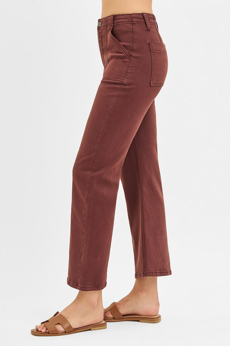 Risen High Rise Ankle Flare Patch Pocket Jeans in Choco Brown