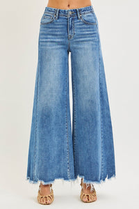 Risen High Rise Ankle Destroyed Hem Wide Leg Palazzo Jeans