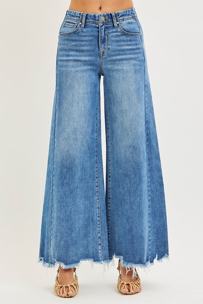 Risen High Rise Ankle Destroyed Hem Wide Leg Palazzo Jeans
