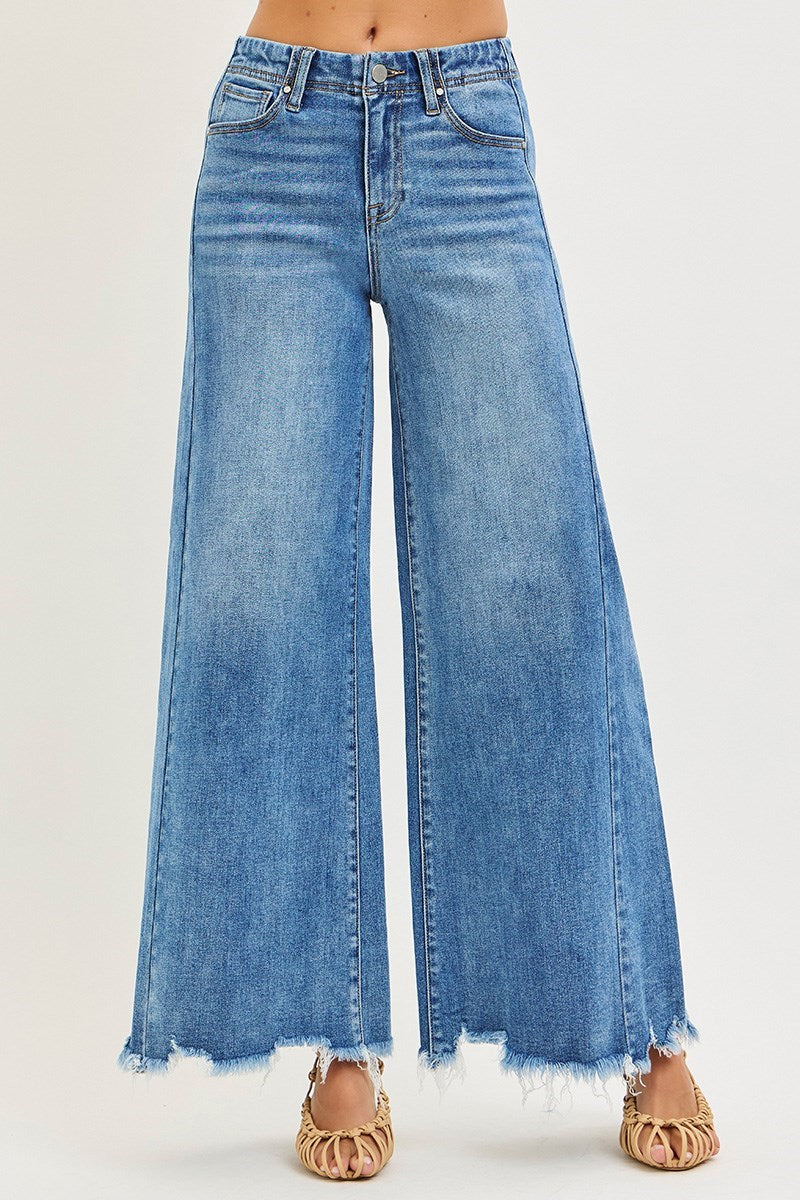 Risen High Rise Ankle Destroyed Hem Wide Leg Palazzo Jeans