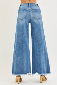 Risen High Rise Ankle Destroyed Hem Wide Leg Palazzo Jeans