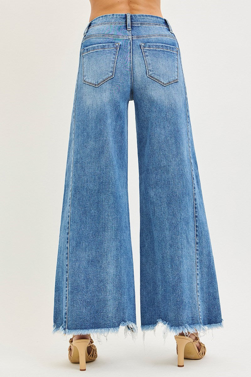 Risen High Rise Ankle Destroyed Hem Wide Leg Palazzo Jeans