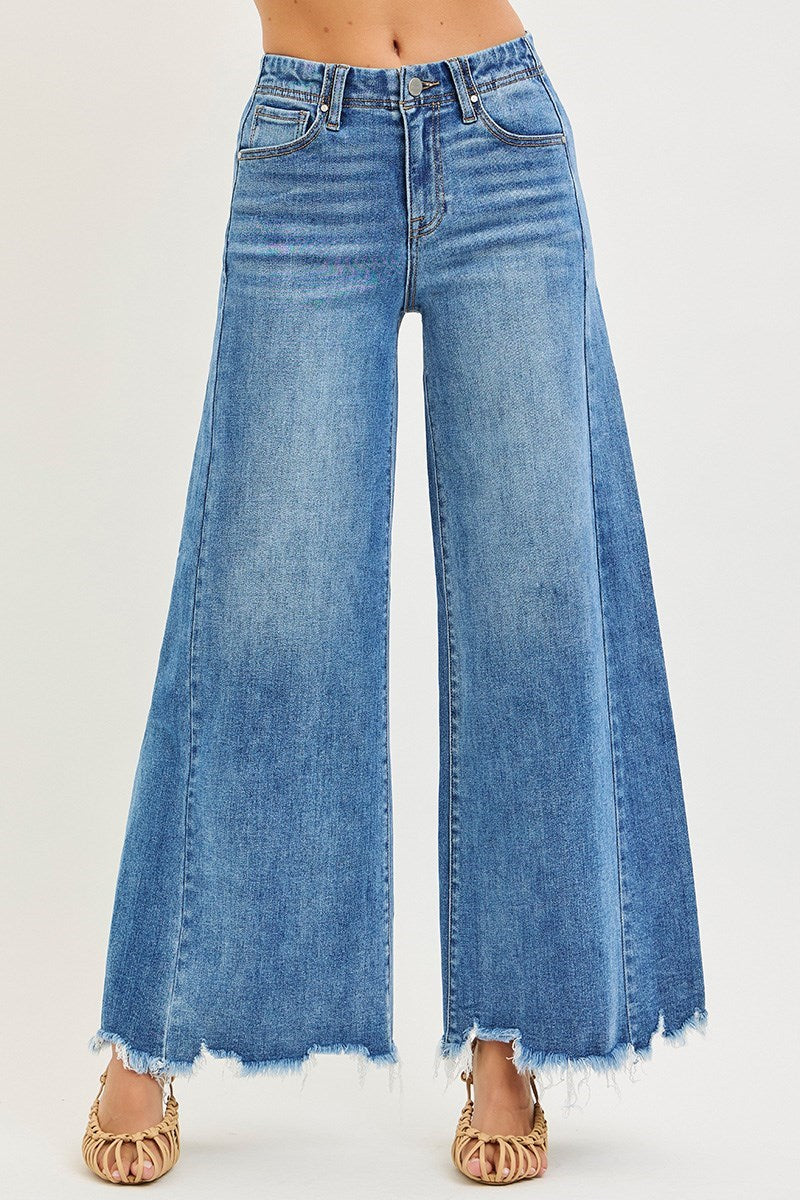 Risen High Rise Ankle Destroyed Hem Wide Leg Palazzo Jeans