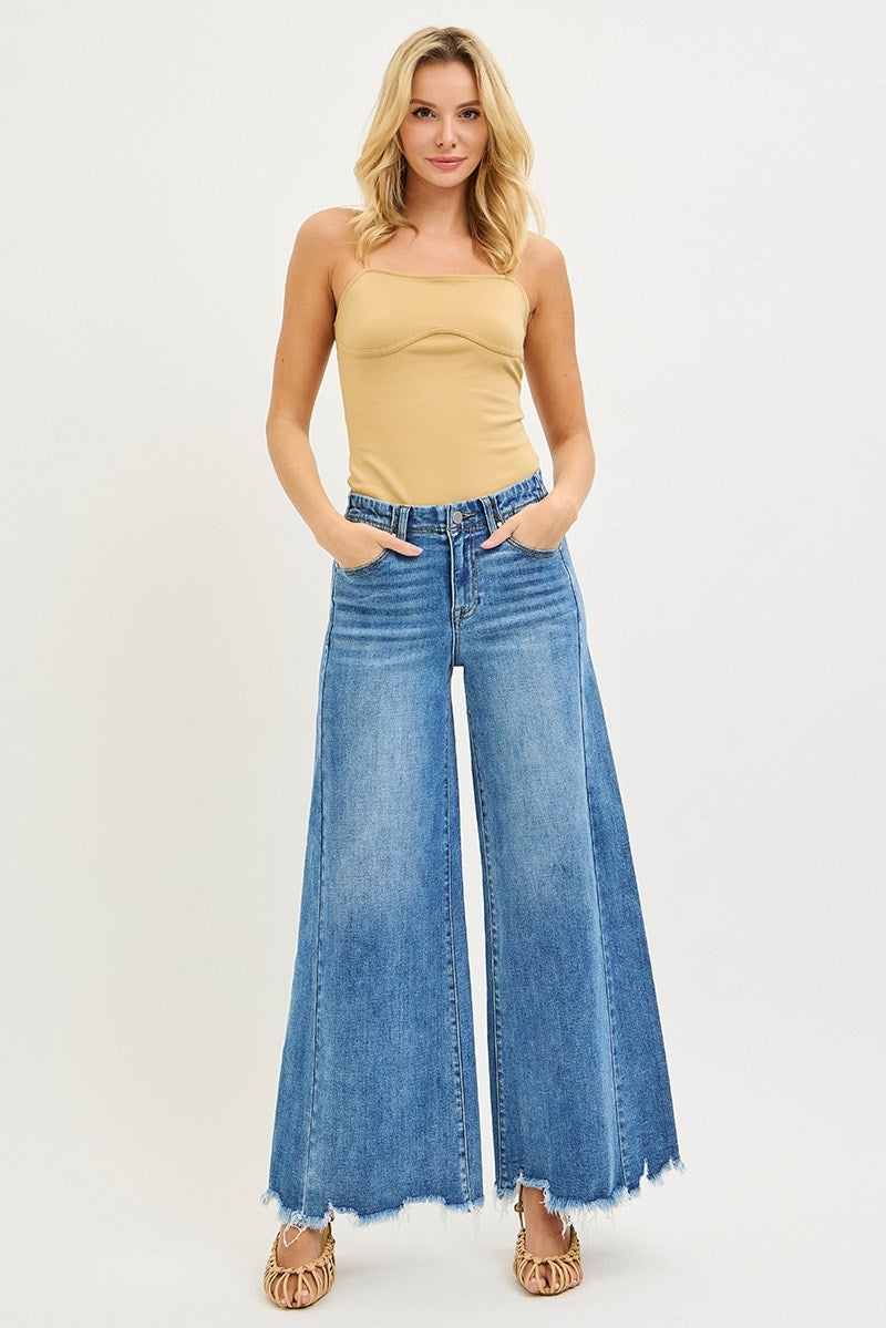 Risen High Rise Ankle Destroyed Hem Wide Leg Palazzo Jeans