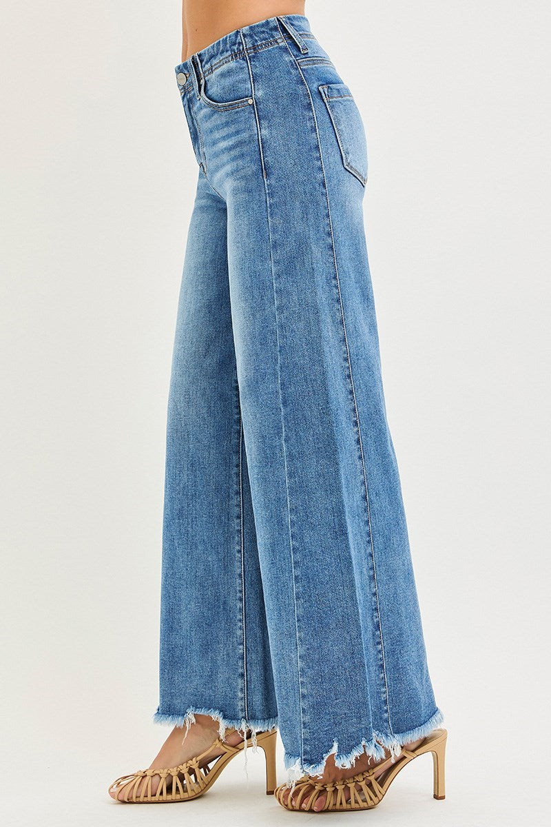 Risen High Rise Ankle Destroyed Hem Wide Leg Palazzo Jeans
