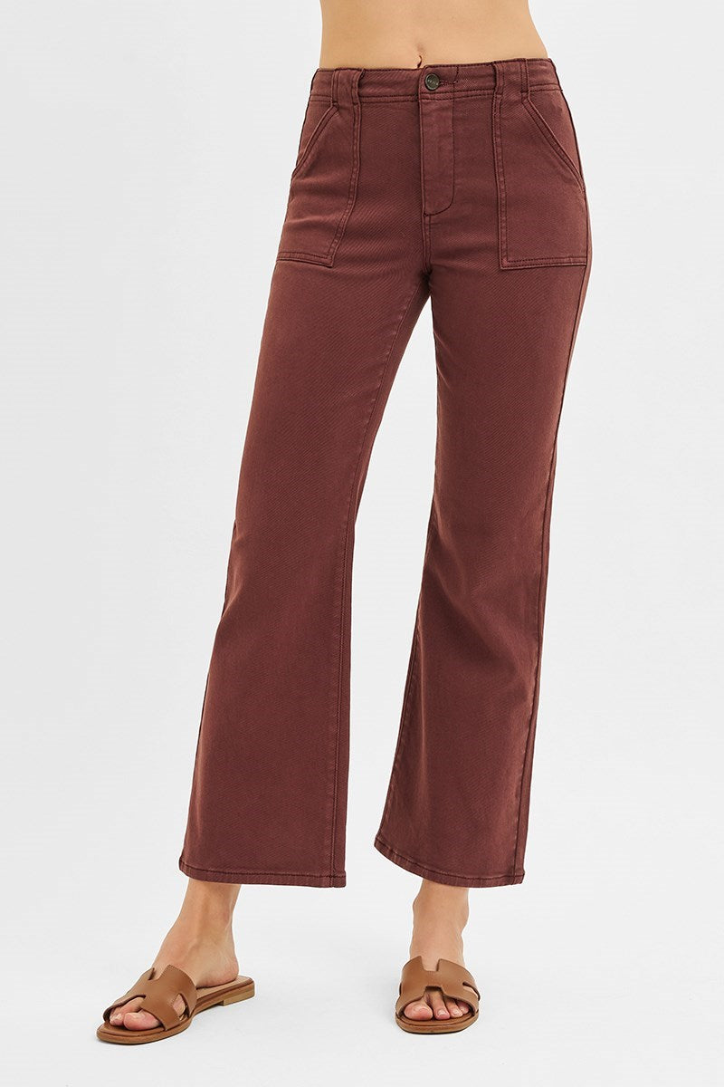 Risen High Rise Ankle Flare Patch Pocket Jeans in Choco Brown