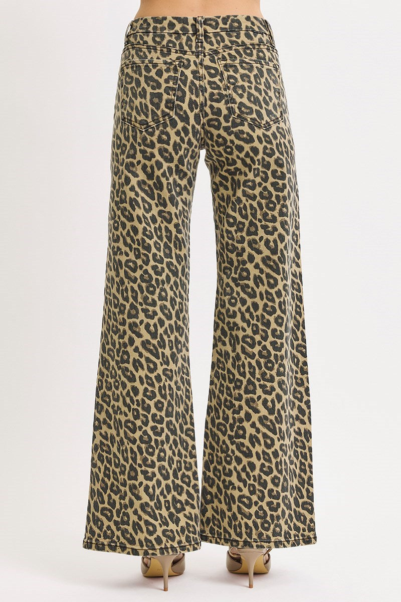 Risen Mid Rise Wide Leg Leopard Print Pants