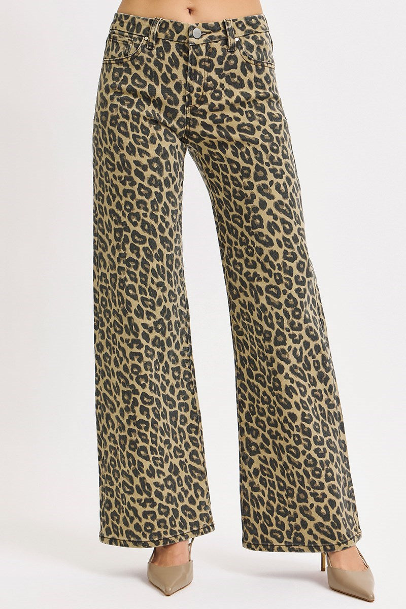Risen Mid Rise Wide Leg Leopard Print Pants