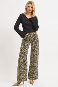 Risen Mid Rise Wide Leg Leopard Print Pants