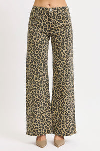 Risen Mid Rise Wide Leg Leopard Print Pants