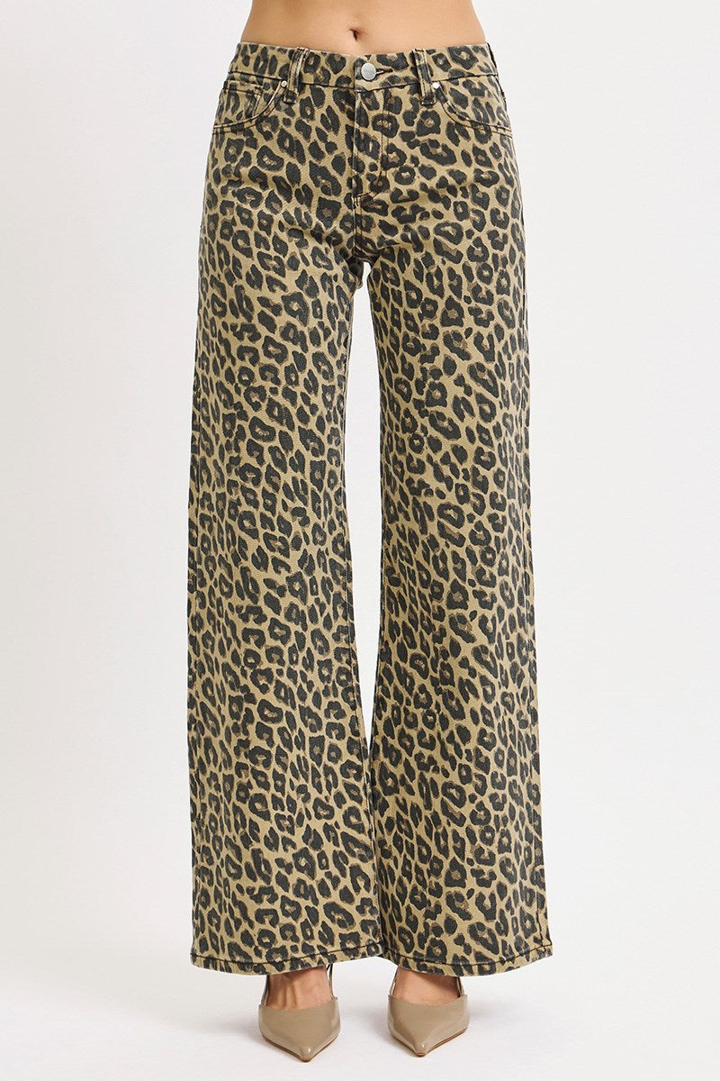 Risen Mid Rise Wide Leg Leopard Print Pants