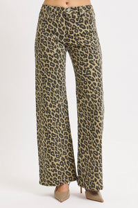 Risen Mid Rise Wide Leg Leopard Print Pants