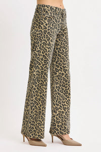 Risen Mid Rise Wide Leg Leopard Print Pants