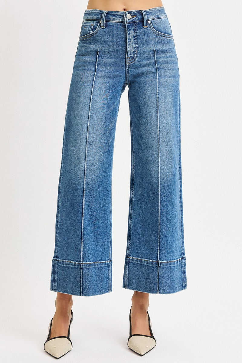 Risen Mid Rise Tummy Control Crop Wide Leg Pintuck Front Jeans