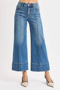 Risen Mid Rise Tummy Control Crop Wide Leg Pintuck Front Jeans