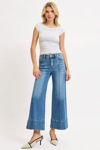 Risen Mid Rise Tummy Control Crop Wide Leg Pintuck Front Jeans