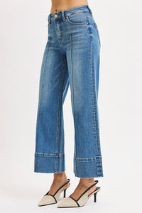 Risen Mid Rise Tummy Control Crop Wide Leg Pintuck Front Jeans