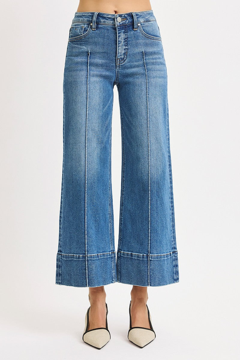 Risen Mid Rise Tummy Control Crop Wide Leg Pintuck Front Jeans