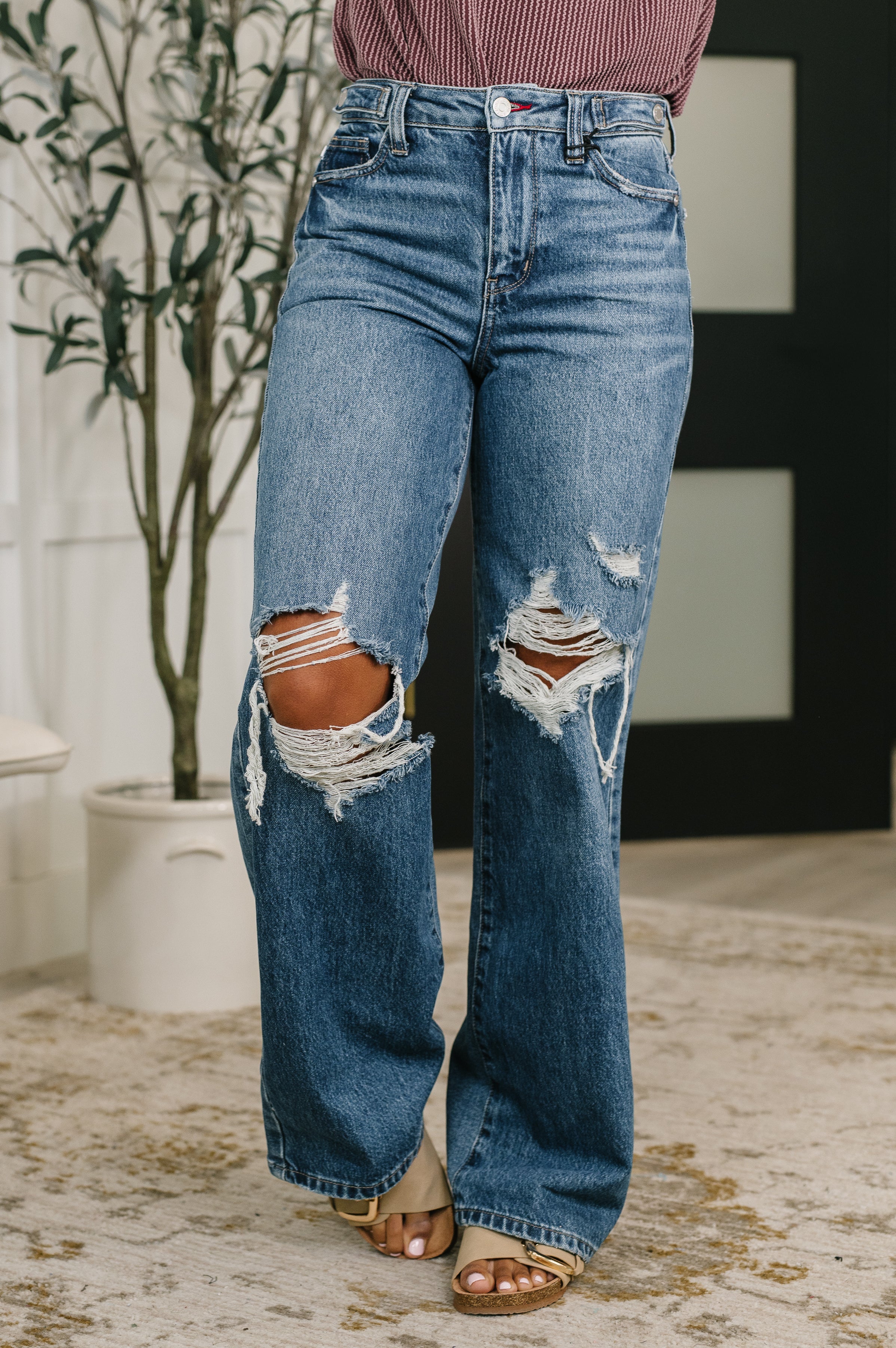 Judy Blue High Rise Rigid Magic Destructed Straight Jeans