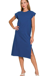 Zenana Round Neck Short Sleeve Midi Dress in Navy